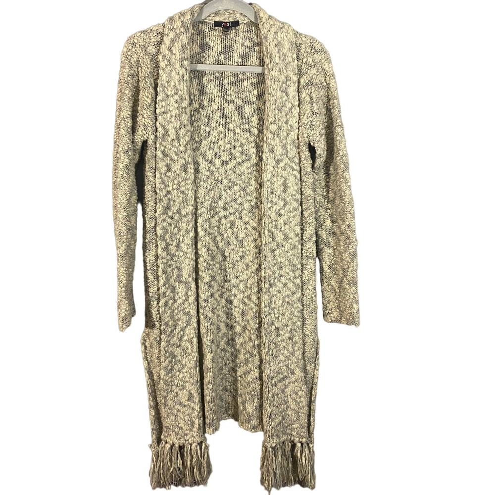 Yest Gray Fringe Trim Long Duster Knit Cardigan Sweater Women Sz 6